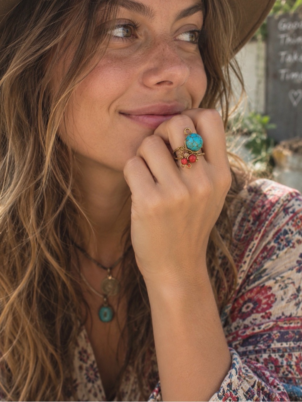 Turquoise & Red Coral Wire Wrapped Ring
